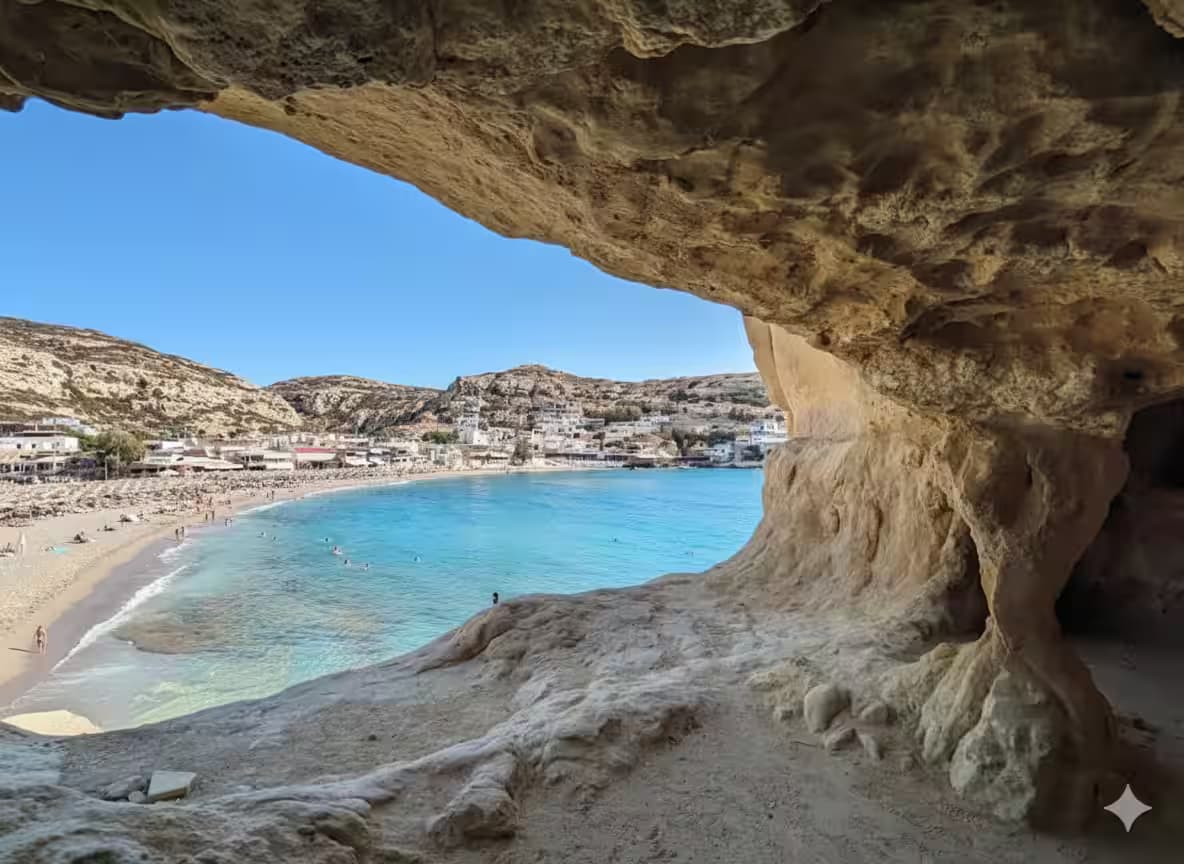 Panoramic view of Matala Beach and town through the opening of a prehistoric cave, South Crete, Greece