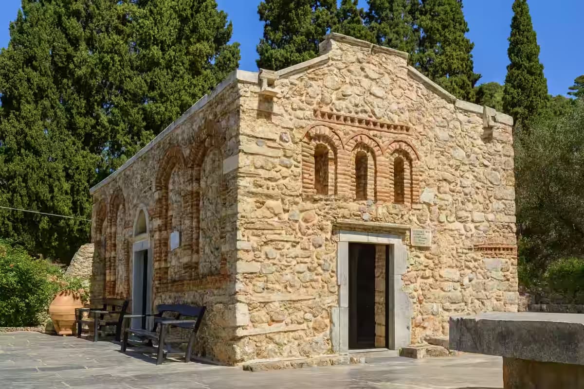 Exterior stone walls and arched windows of the famous Byzantine church of Panagia Kera near Kritsa, East Crete, Greece