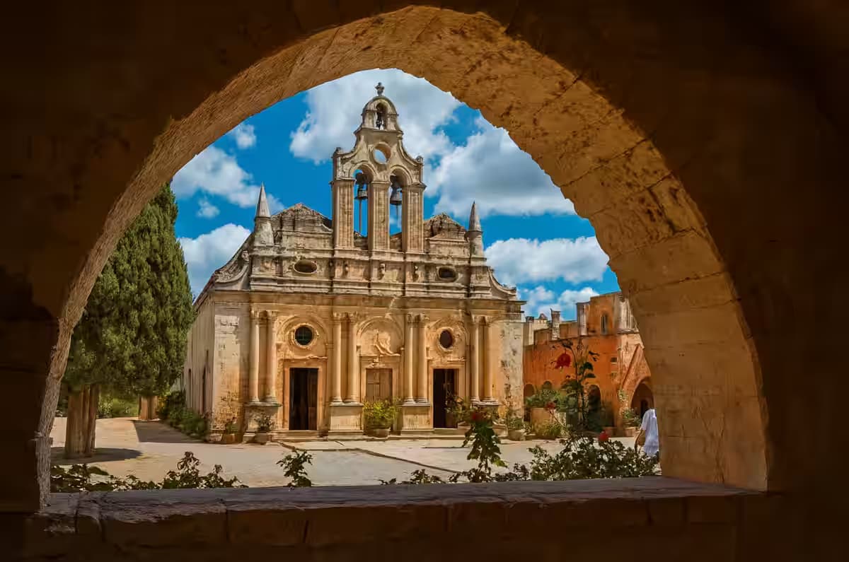 Ornate Renaissance façade of Arkadi Monastery, a historic national sanctuary near Rethymno, Crete, Greece