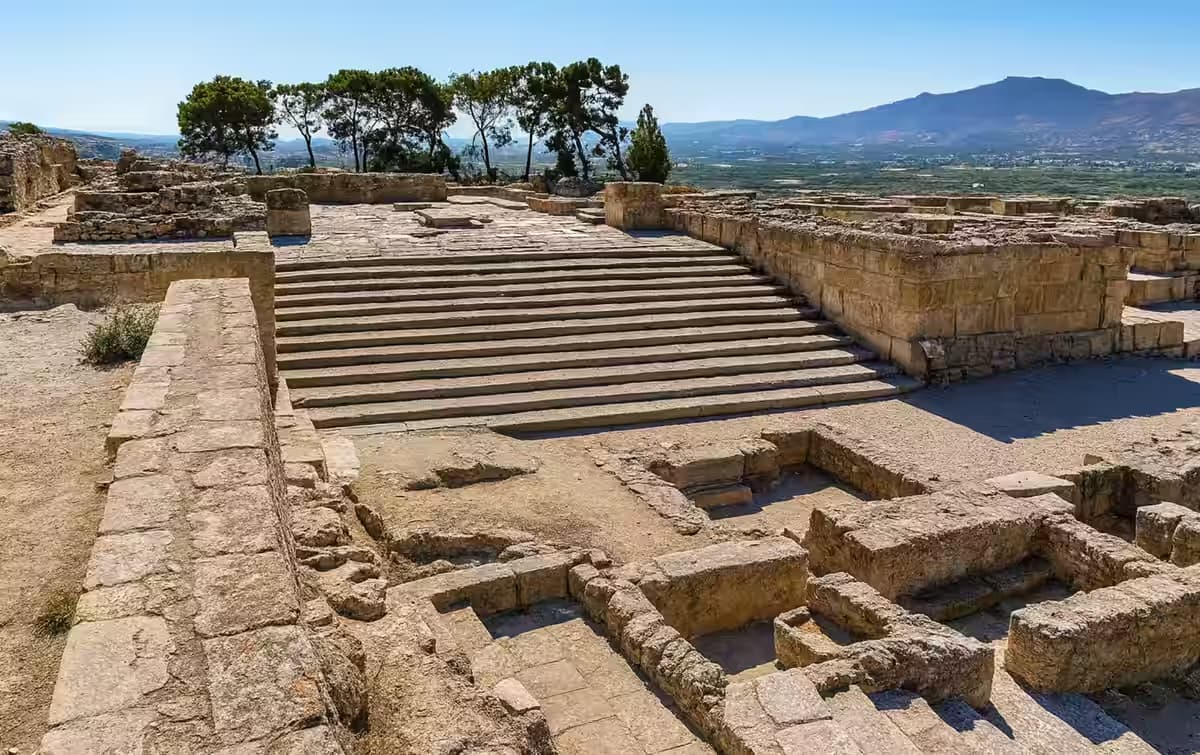 The Grand Staircase and Central Court ruins at the Minoan Palace of Phaistos, South Crete, Greece