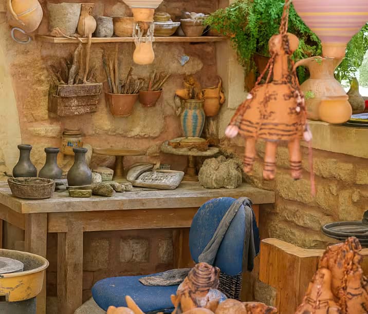 Rustic interior of a traditional Cretan pottery artisan workshop with stone walls, terracotta vessels, and local folk crafts, Margarites, Crete, Greece