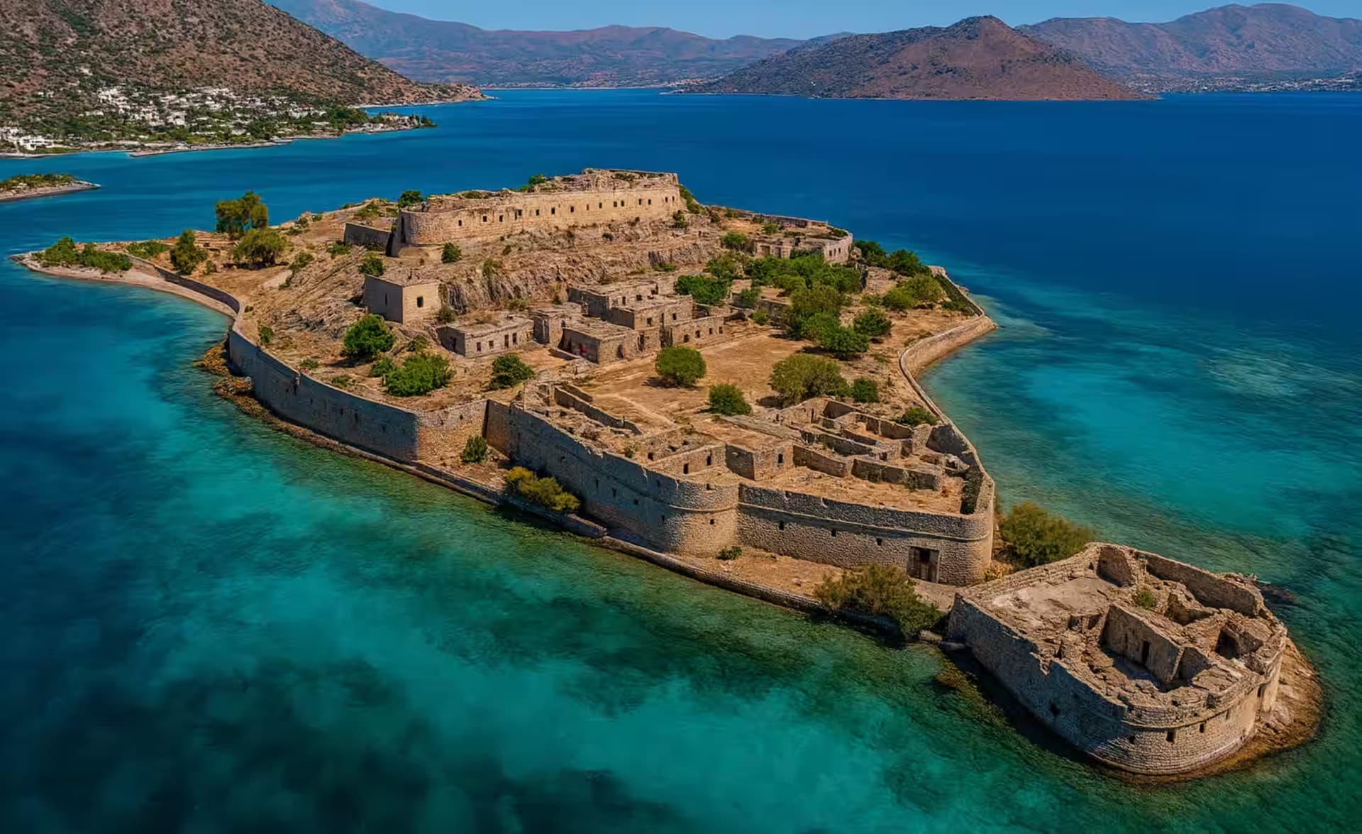 Aerial view of the Venetian Spinalonga Island Fortress (Kalydon) and its ruins, surrounded by clear turquoise water in Mirabello Bay, East Crete