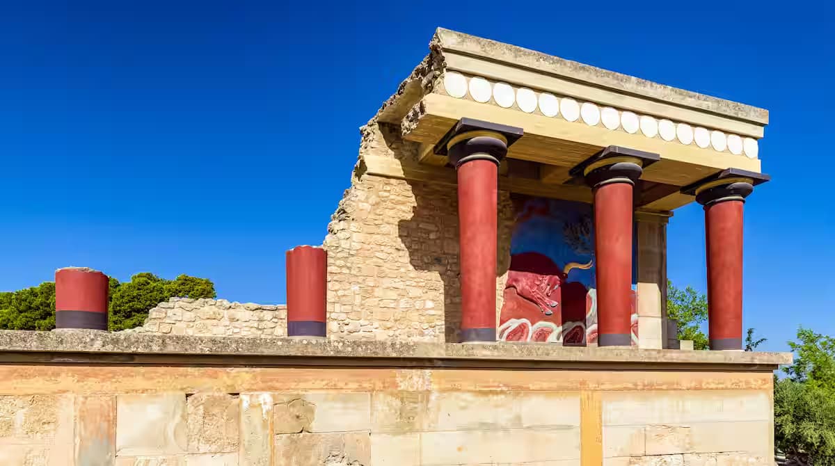 Reconstruction of the North Propylaeum at the Minoan Palace of Knossos, Crete, featuring the Bull Fresco and Minoan columns