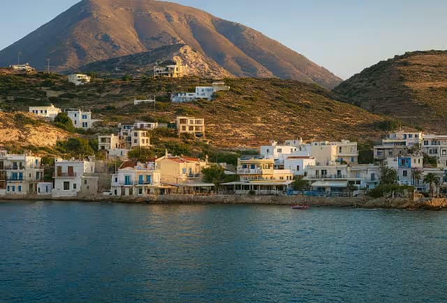Traditional white and blue coastal buildings of the quiet fishing village of Mochlos, East Crete, set against a steep, arid mountain